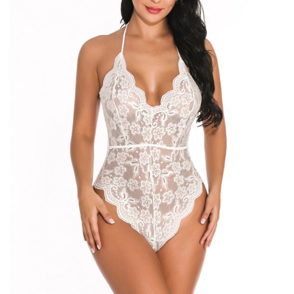 Deep-V  Lace Halter Backless Teddy-New White Lace Baby Doll-Sexy Bridal Intimate